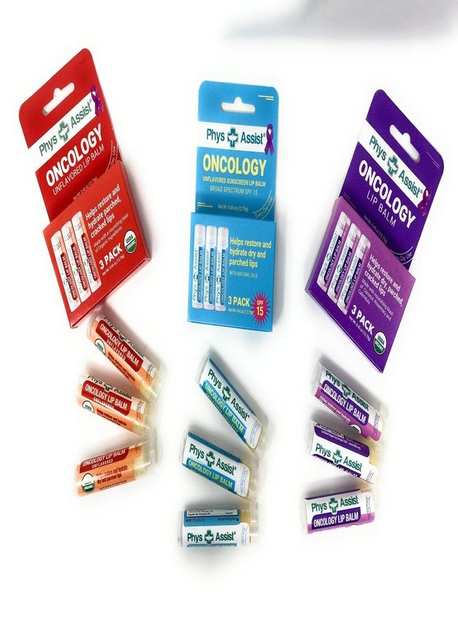 PhysAssist Oncology Lip Care Bundle: Organic Lip Balm Trio, SPF 15 Protection & Extra Hydration for Chemo & Radio Care (3 x 3 Pack)